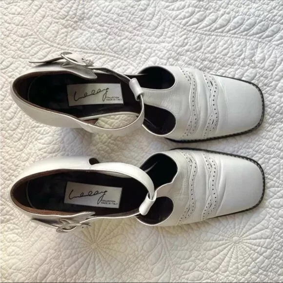 Vintage White Italian Leather T-strap Stacked Buckle Chunky Heel Shoes 36 - Picture 2 of 11